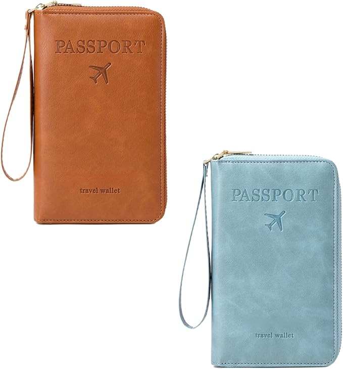 RFID Passport Holder for Travel - Cruise Essentials 2025 with RFID Blocking Sleeves | Anti-Theft Travel Wallet Document Organizer for Women & Men (2PCS Brown+Blue)