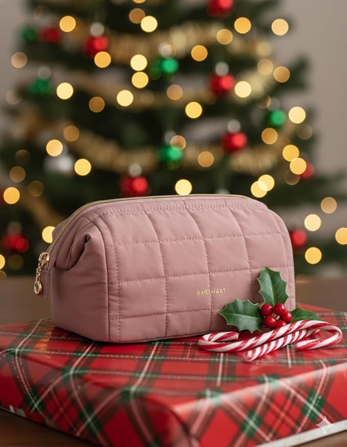 BAGSMART Makeup Bag Travel Toiletry Bag, Puffy Padded Make Up Bags for Women Makeup Organizer Case, Wide-open Pouch Purse Travel Essentials Toiletries Accessories Brushes, Dark Pink