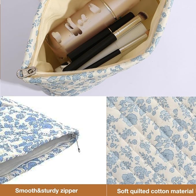 FITINI Makeup Bag Travel Large Portable Quilted Floral Print Cosmetic Organizer Cute Pouch for Women Soft Cotton Zipper Waterproof Toiletry Storage Bags