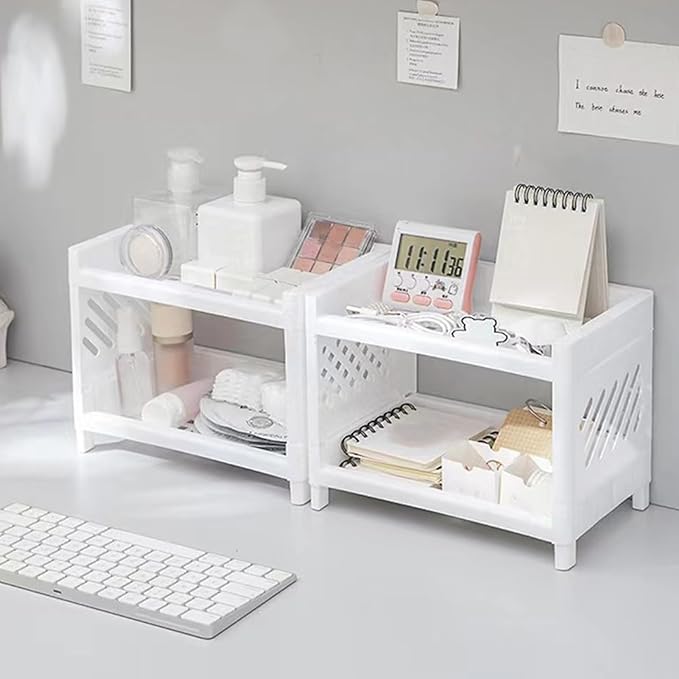 Pissente Desktop Storage Shelf, Plastic Double Layer Desktop Storage Rack Multifunctional Practical Desktop Organizer for Home Office Desk Living Room Bedroom Desk Storage, White