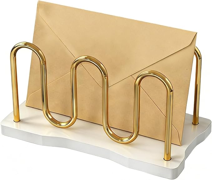 Mail Holder Organizer Countertop, Metal Mail Sorter for Desk, Cutout Mail Storage Bills Organizer Letter Tray Design with Bamboo Base for Home Office (White)