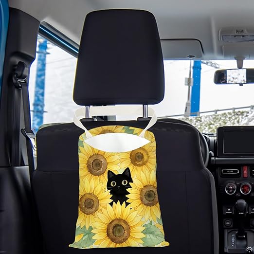 Black Cat Car Trash Bag, Sunflower Car Trash Bag Hanging, Sunflower Accessories, Summer Decor Waterproof Cars Back Seat Hanging Organizer Garbage Can for Vehicle Travelling Camping