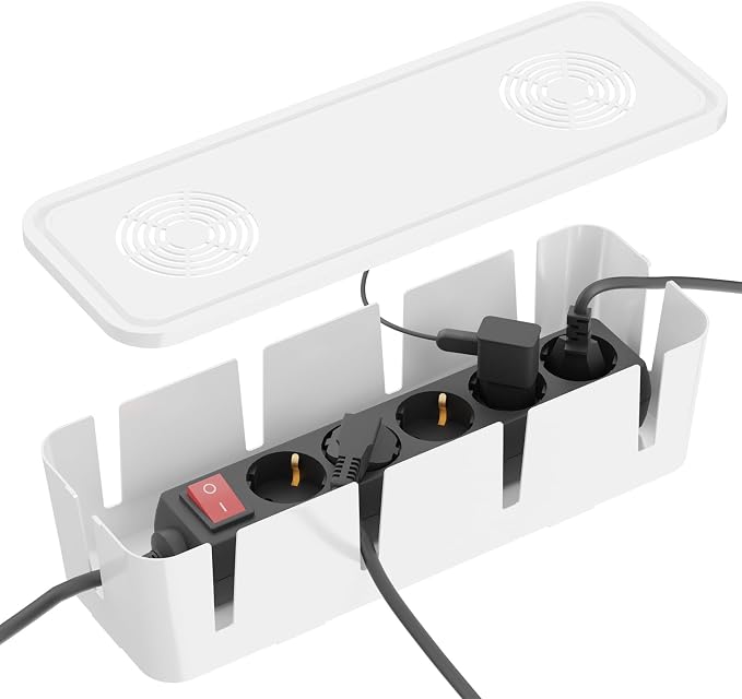 Cable Management Box, Cable Organizer Box and Power Strip Box, Power Strip Protector Box - Wire Box Hider for Desk - 10 Open Slots (White)