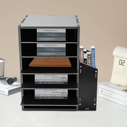 6-Tier File Organizer, 6 Slot Thick Board Desktop Mail Sorter w/Side Storage Cabinet, Adjustable Shelves File Sorter, Paper Organizer for Home School Office (Black, 6 Slot)