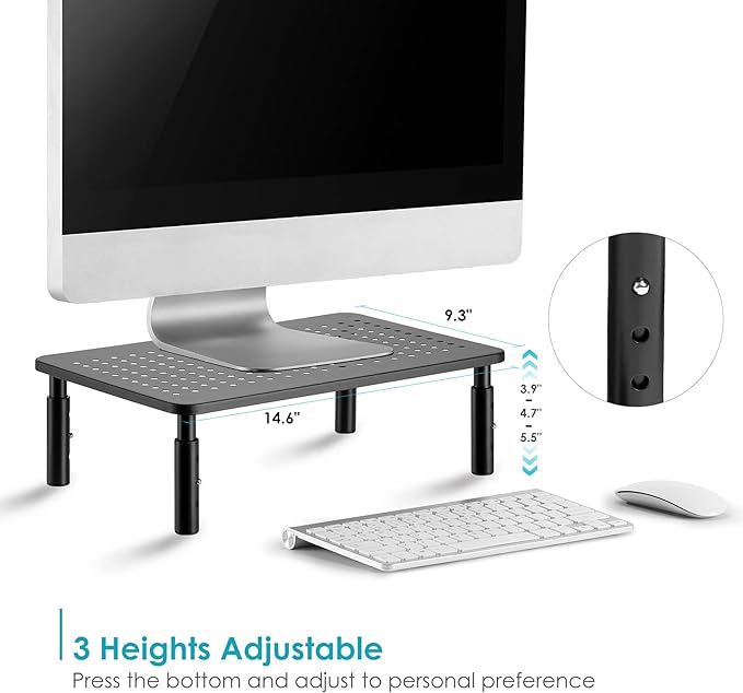 LOTEYIKE Monitor Riser Desktop Stand, Flat Screen TV Monitor Stand Riser, Sturdy Metal Laptop Computer Monitor Stand Shelf for Printer, iMac, 3 Height Adjustable PC Stand with Mesh Platform