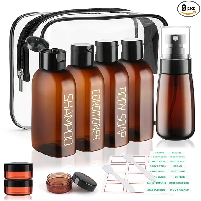 Cosywell Travel Bottles for Toiletries 9PCS Plastic Squeeze Bottles TSA Approved Travel Size Containers Leakproof Plastic Cream Jars Refillable Cream Lotion Travel Essential Toiletries