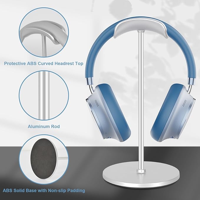 T-fun Headphone Stand, Curved Headset Stand with Aluminum Rod ABS Solid Base Gaming Headset Holder for Desk Headphone Accessories for Organization and Display, Silver