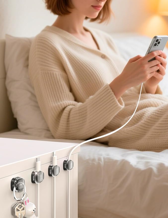 Cable Clips,8 Pack Cord Holder Cord Organizer [1s Lock & Strongest Adhesive] Spring Cord Clips Phone Charger Wire Desk Cable Management Nightstand Home Office School Decor Women Cute Desk Black