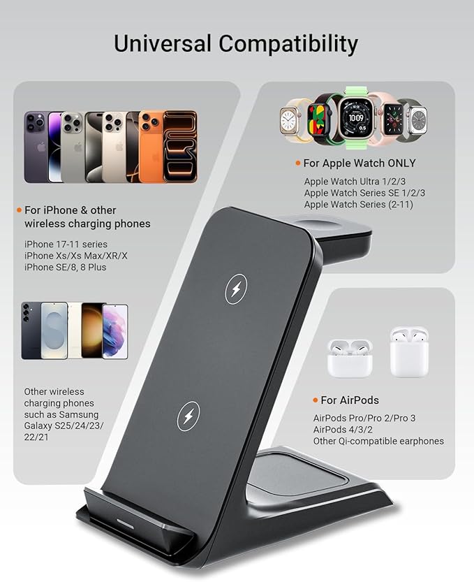 Wireless Charger for Thick Cases of 10MM/Otterbox/Heavy Duty, 3 in 1 Charging Dock for iPhone 17 16 15 14 Pro Max, Phone Stand Charging Station for Multiple Devices for Apple Watch/AirPods