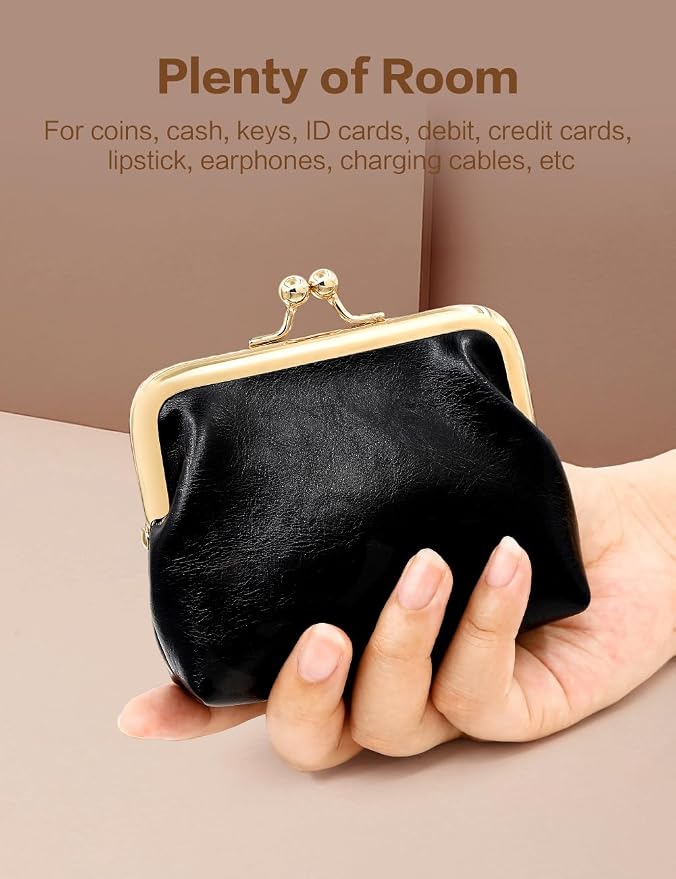 Women’s Small Coin Purse, Vintage PU Leather Change Purse, Rectangle Kiss Lock Coin Pouch, Pocket-Sized, Solid Color, Mini Coin Purse for Women - Grey