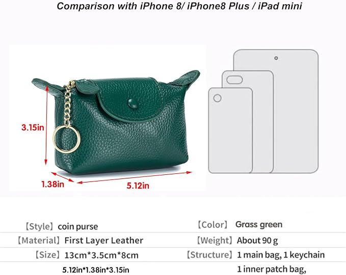 Grass Green Leather Coin Purse with Keychain - Small Zipper Pouch for Women, Mini Wallet for Cash Coins Credit Cards
