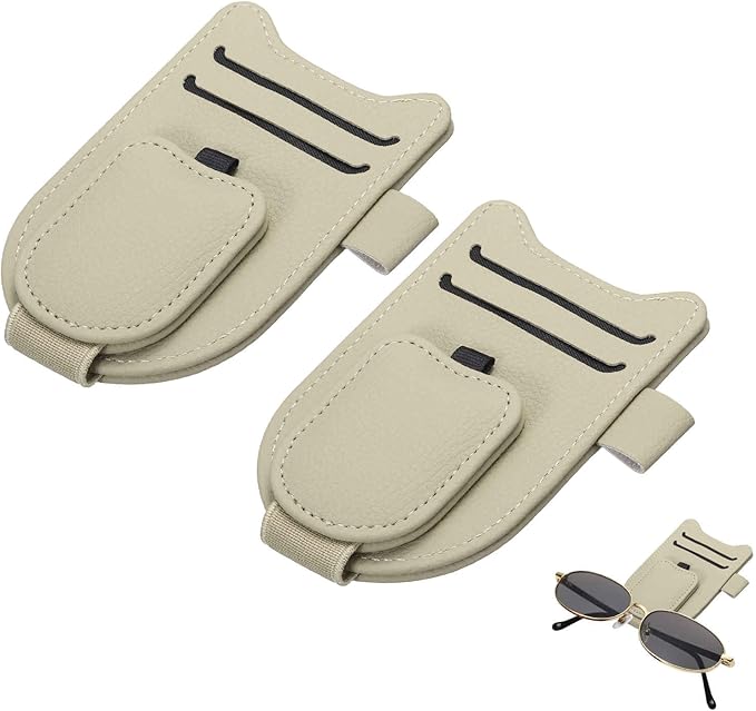 HARFINGTON 2 Pcs Sunglass Holder for Car Magnetic Leather Glasses Holder Universal Visor Sunglasses Clip Car Accessories Interior for Glasses Ticket Cards,Light Brown