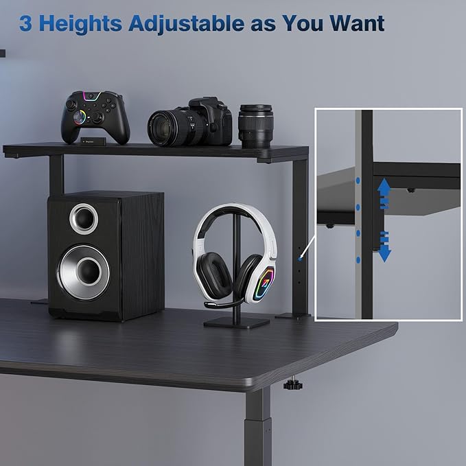 2-Tier Desk Extender, 22-inch Clamp-On Desk Shelf, Height-Adjustable Desktop Shelf Organizer for Monitors Office and Gaming Accessories, Arm Support Table Extension, Black