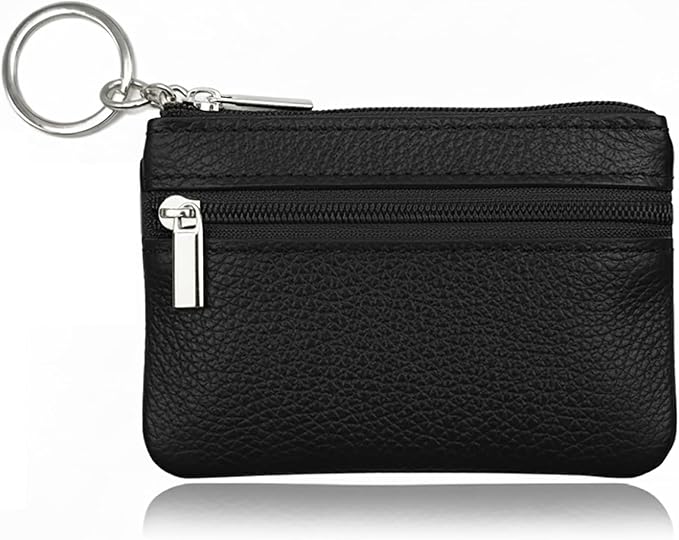 Hibate Black Small Mini Size Leather Coin Purse Change Pouch for Women Men Kids with Zip Key Ring