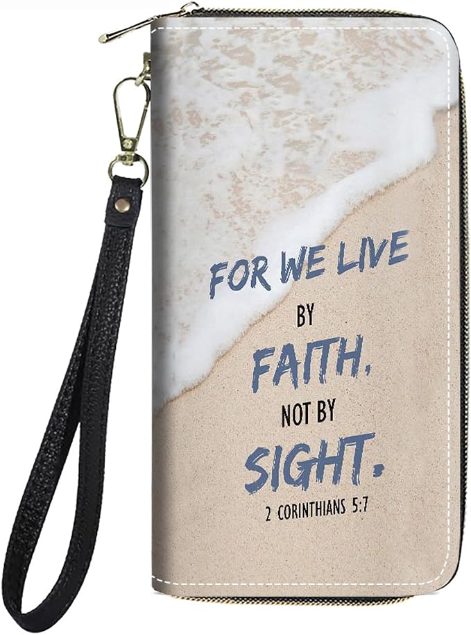 Women's Large Capacity Wallet PU Leather Zip Around Clutch Purse Multifunctional Wallet with Removable Wristlet Strap for Smart Phone/Coin/Card/Cash, Beach Waves Quote 2 Corinthians 5:7