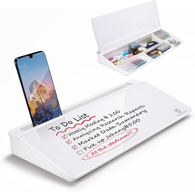 TSJ OFFICE Small Desktop Whiteboard -Glass Dry Erase Board Computer Keyboard Stand White Board Surface Pad with Drawer, Desk Organizers with Accessories for Office, Home, School Supplies - White