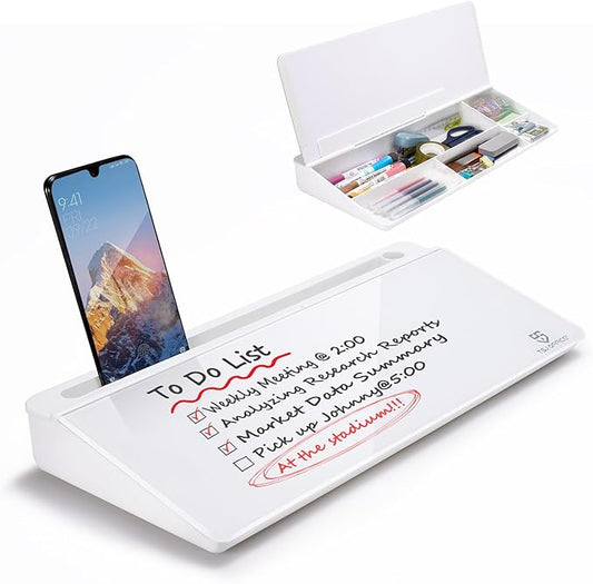 TSJ OFFICE Small Desktop Whiteboard -Glass Dry Erase Board Computer Keyboard Stand White Board Surface Pad with Drawer, Desk Organizers with Accessories for Office, Home, School Supplies - White