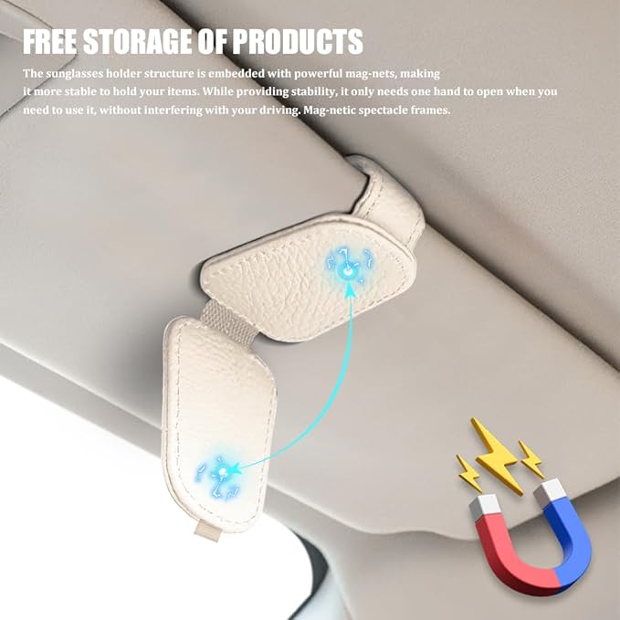 Sunglasses Holders for Car Visor, Sunglass Car Organizer, Leather Magnetic Buckle Sun Visor Sunglass Clip, Car Accessories Ticket Card Clip Sunglasses Mount Fit Truck (Beige, 2PCS)