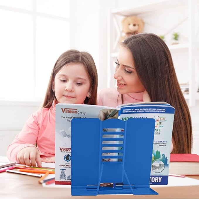 Honagu Metal Desk Book Holder, Hands Free Adjustable Cookbook & Document Holder, Portable Bookstand for Music Books, Textbooks, Recipes, Tablets & iPads (Deep Blue)
