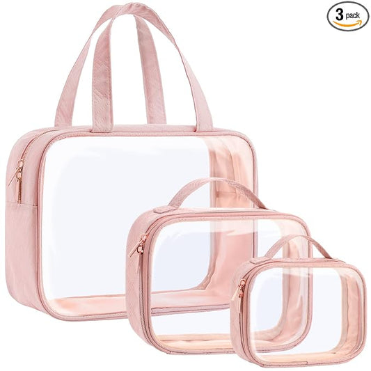 PACKISM Clear Makeup Bag Combo Pack, 1 TSA Approved Medium & Large/XL for Checked Luggage, Clear Toiletry Bag with Handle, Water-resistant Travel Essentials Organizer, Rose Pink