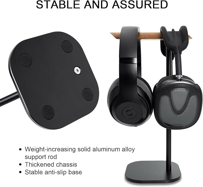 Gvoears Upgraded Headphone Stand, Walnut Wood Headphone Stands Headset Holder for Desk, Support Dual Headsets Suspension, Aluminum Alloy Support Rod Hanger, Dual Headphones Stand with Great Stablity