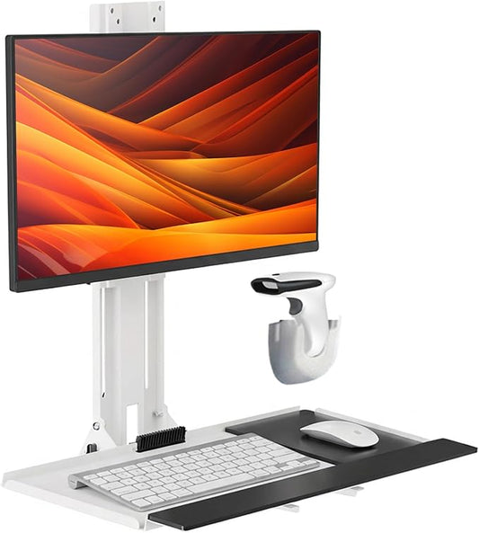 Mount Plus MED01 Medical Monitor and Keyboard Wall Mount For 17" to 32" Display with Height Adjustable Standing Keyboard Tray | Wide Platform with Mouse Pad | Wall Mount Scanner Holder
