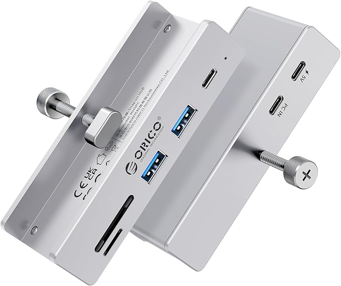 ORICO USB Hub 3.2, Clamp USB-Hub with Extra Power Supply Port, 10Gbps Aluminum 5-Port USB Extender with 2 USB-A 3.2 Ports, USB-C 3.2, SD/TF Card Reader 3.0, USB-3.2 Splitter for Monitor, Desk