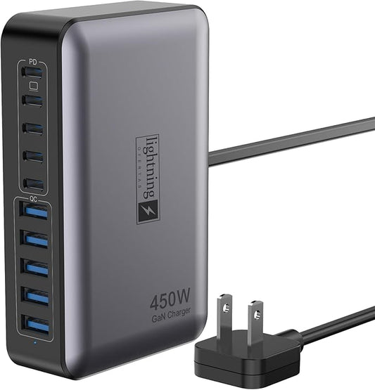 USB C Charger Block 10 Ports, 450W USB Charging Station for Multiple Devices, 5 Type C + 5 USB A GaN PD Charger Hub, Compact Power Brick Super Fast Charging for MacBook, Ipad, iPhone, Samsung