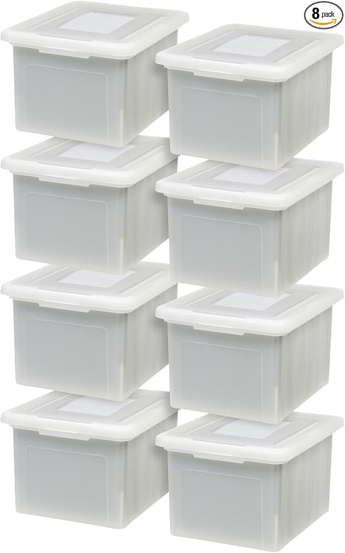IRIS USA File Box, Plastic File Organizer with Lids for Letter/Legal File, Portable Document Box For Moving, Storage Bin with Durable and Secure Lid, Stackable Nestable BPA-Free, Pearl 35 Qt. 8 Pack