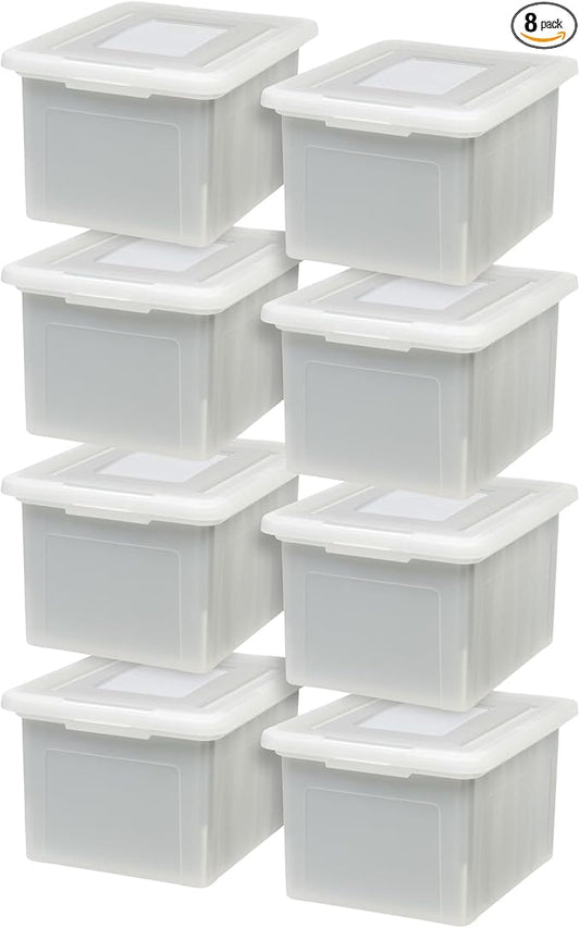 IRIS USA File Box, Plastic File Organizer with Lids for Letter/Legal File, Portable Document Box For Moving, Storage Bin with Durable and Secure Lid, Stackable Nestable BPA-Free, Pearl 35 Qt. 8 Pack