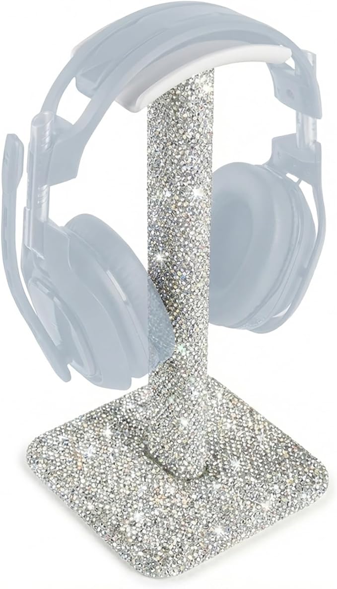 Silver Rhinestone Headphone Stand – Bling Crystal Headset Holder for Y2K Gaming Desk Setup – Sturdy Weighted Metal Base with Soft TPU Rest – Sparkly Luxury Gift for Women & Teen Girls (Silver)