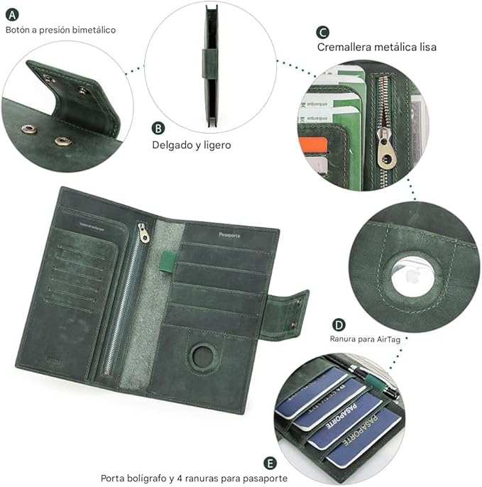 CONTACTS Full Grain Leather RFID Blocking Family Passport Holder for 4 Passport Wallet Compatible with Airtag Travel Passport Cover with 4 Passport Slot, 6 Card Slot (Green)