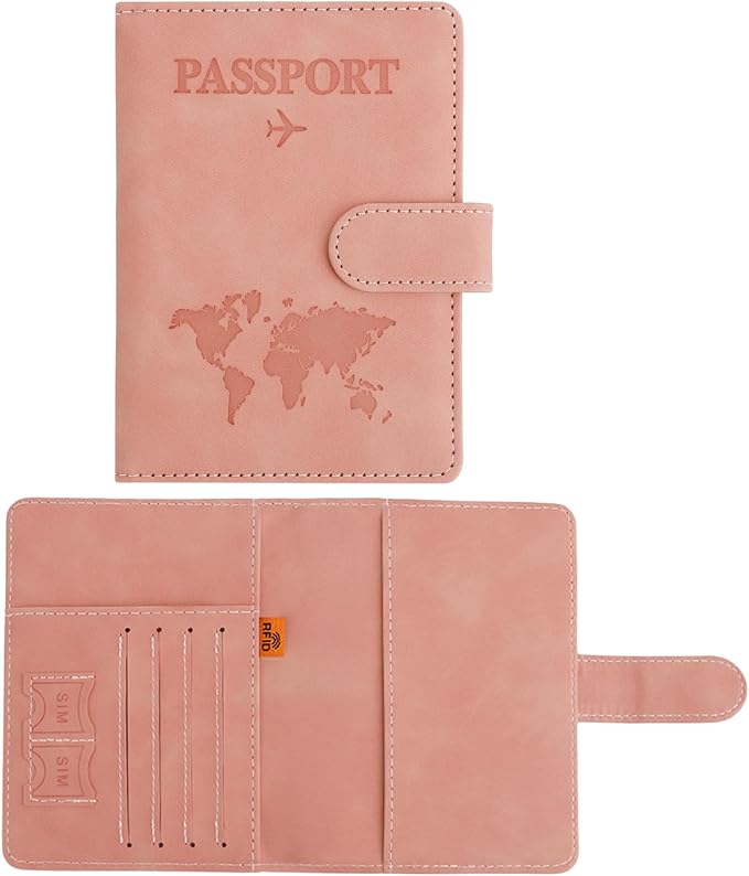 Passport Holder for Travel Essentials, Pink Leather Passport Cover, Passport Wallet Holders for Women Men Family Travel Gifts Must Have Accessories, Credit Card Cash Air Ticket Storage Supplies