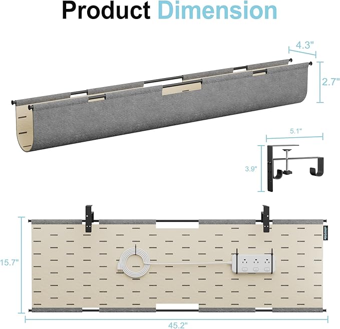 2-in-1 Under Desk Cable Management Tray & Privacy Panel, Dual-Sided Felt Cord Organizer to Hide Wires and Clutter, Desk Mount Cord Holder for Office and Home, Clamp or Screw Mount (Gray/Khaki, 45.2")