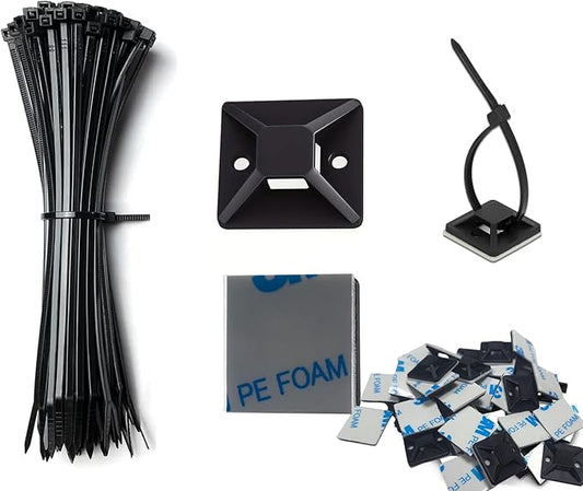 100 Set Cable Zip Tie Self Adhesive Mounts Kit with 6" Zip Ties, 3/4" Wire Holders Squares, Screws - Sticky Wire Fasteners Cable Clips Management Anchors Organizer - Black
