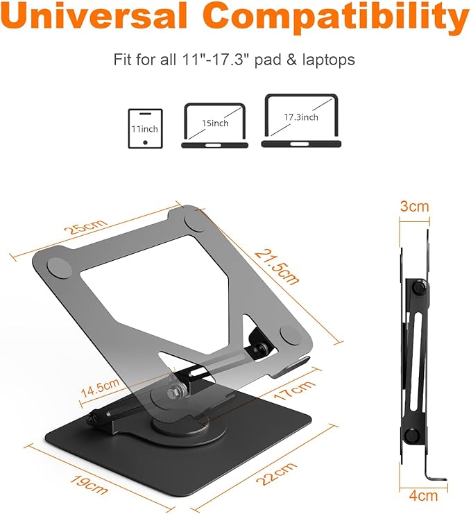 GRIFEMA Laptop Stand for Desk, Foldable Laptop Riser with 360° Swivel Base, Adjustable Height & Angle, Ventilated Computer Stand Compatible with MacBook Air/Pro, Dell, and 11-17.3" Laptops - Black