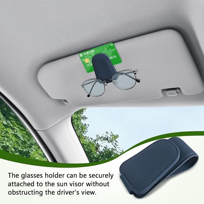 Sunglass Holder for Car, Sunglasses Clip for Car Visor, Magnetic Leather Vehicle Eyeglass Hanger Clip, Auto Ticket Card Glasses Organizer Clamp Accessories for SUV Sedan (Blue)