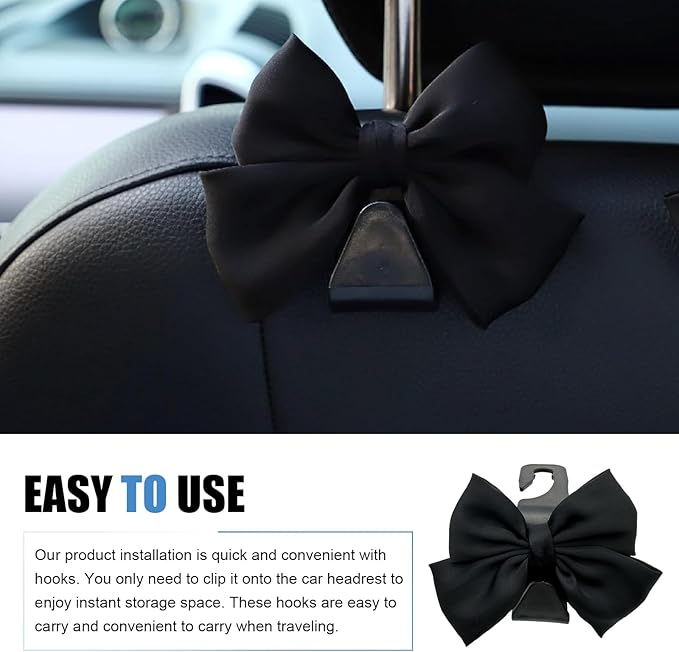 2 PCS Car Seat Headrest Hooks, Cute Bow Hooks Decor, High-Load Hanger for Purses Umbrellas, Car Interior Decoration Accessories for Women, Girls (Black)