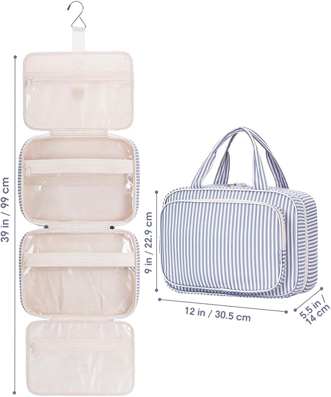 Narwey Striped Travel Toiletry Bag for Women Large Hanging Makeup Bag Organizer Toiletries Bag for Full Size Essentials Accessories Cosmetics (Greyish Blue Stripe (Large))