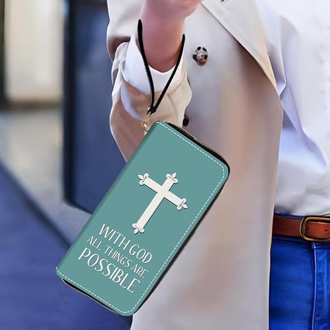 Women's Large Capacity Wallet PU Leather Zip Around Clutch Purse Multifunctional Wallet with Removable Wristlet Strap for Smart Phone/Coin/Card/Cash, Christian Cross with God All Things are Possible