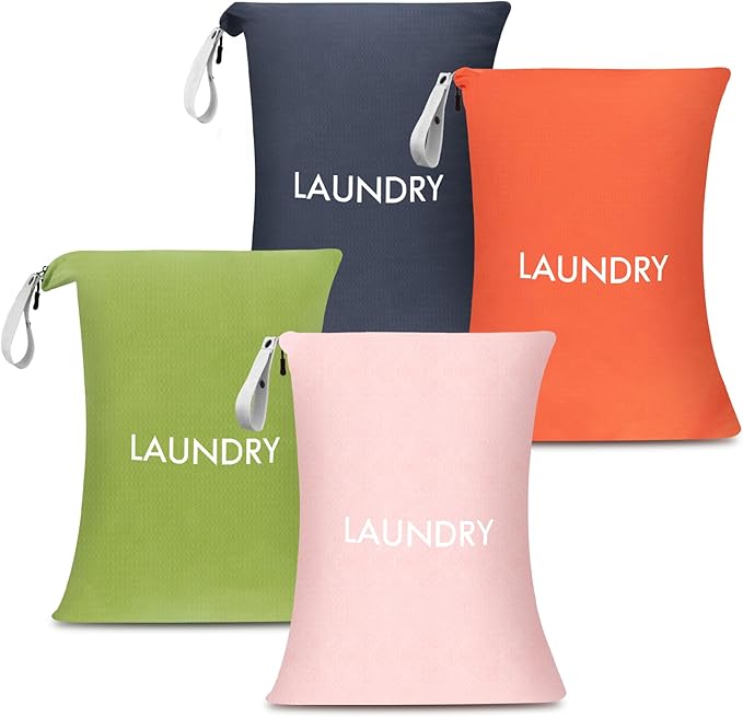 WiseBoy 4 Pack Laundry Bags, Travel Laundry Bag for Dirty Clothes, Washable Nylon Wet Dry Bag, Swimming Yoga Bathing Suit Workout Wet Dry Bags