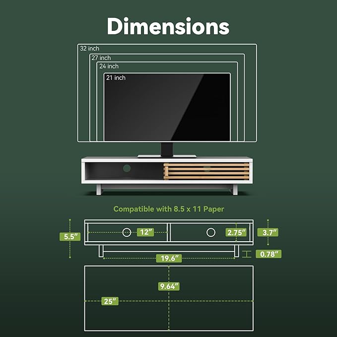 Monitor Stand with Sliding Bamboo Doors, 25 Inch Heavy Duty Wood Computer Monitor Riser, Ergonomic Desk Organizer with Storage & Keyboard Tray, Natural & white