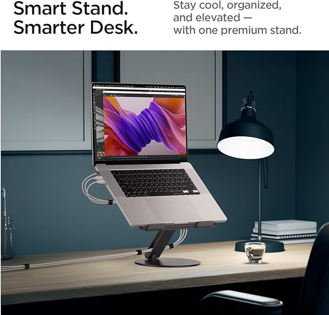 Spigen Adjustable Laptop Desk Stand with Cable Management Organizer Portable Compatible with Mac, Dell, HP, Lenovo and More - Space Gray (LD206C)