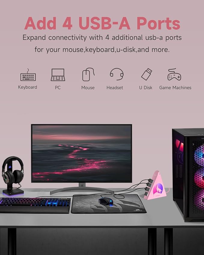Powered USB Hub 3.0, 6-Port Hub(4 USB 3.0 Data Ports + 2 Smart Charging Ports) with 48W AC Adapter, RGB Light, Compatible with PC, Laptop, Mac, External Hard Drives, PS4, Fast Charging for Phone(Pink)