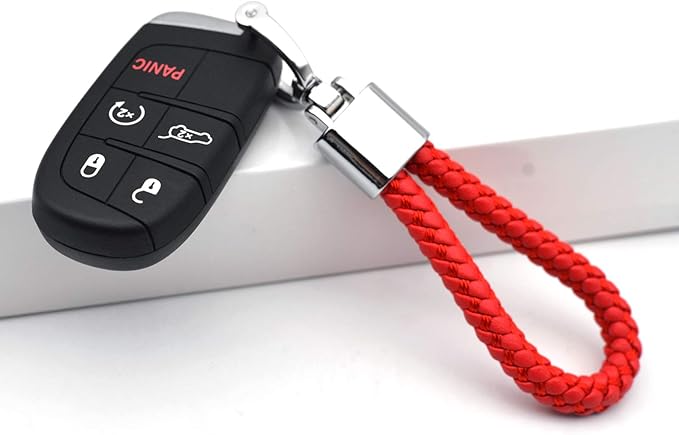 FEYOUN Universal Red Leather Car Fob Keychain Metal Keyring Woven Strap Braided Rope Key Chain for Men and Women - Silver Color, with 360 Degree Rotatable D-ring and Screwdriver
