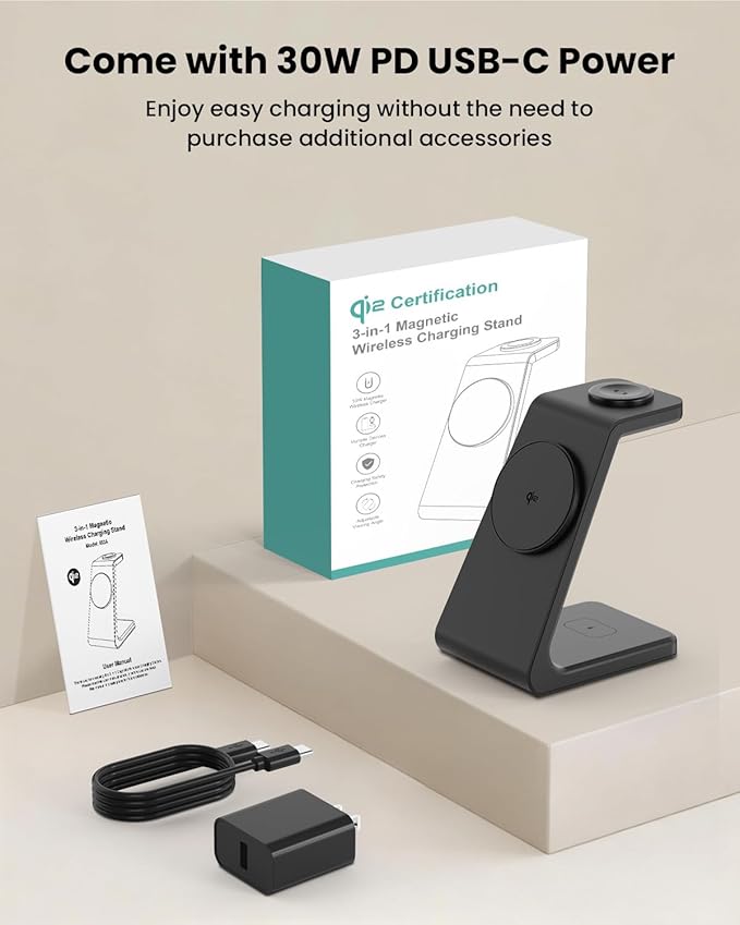 Magsafe Wireless Charging Station for iPhone: 3 in 1 15W Magnetic Portable Desktop Charging Station Qi2 Certified Charger Stand for iPhone17/16/15/14/13/12 Series, Apple Watch, AirPods 4/3/2/Pro