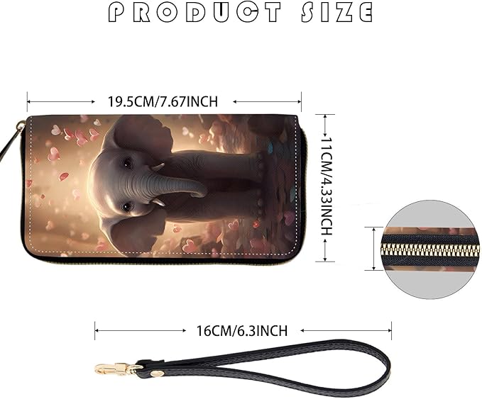 Women's RFID Blocking Zip Around Wallet with Detachable Wrist Strap, Large Capacity Credit Card Holder Organizer for Everyday Use,Cute Elephant with Hearts