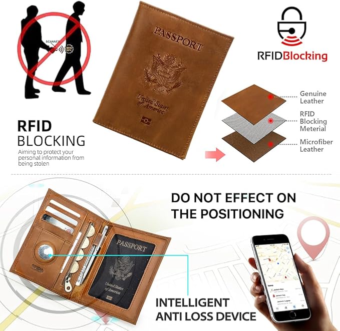 CONTACTS Full Grain Leather Passport Holder RFID Blocking Travel Passport Wallet Compatible with Airtag for Men and Women Passport Cover Case with 4 Cards Slots, Coin Pocket (Badge, Camel Brown)