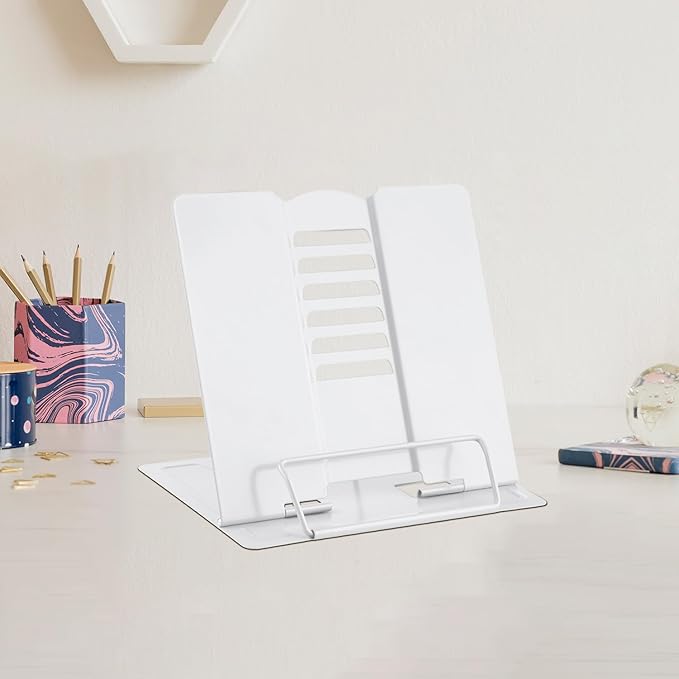 MSDADA Small Desk Book Stand Metal Reading Rest Book Holder Adjustable Cookbook Documents Holder Portable Sturdy Bookstands for Recipes Textbooks Tablet Music Books(White)
