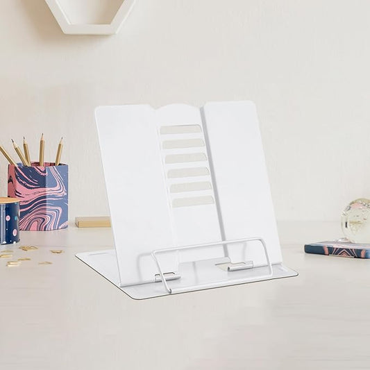 MSDADA Small Desk Book Stand Metal Reading Rest Book Holder Adjustable Cookbook Documents Holder Portable Sturdy Bookstands for Recipes Textbooks Tablet Music Books(White)